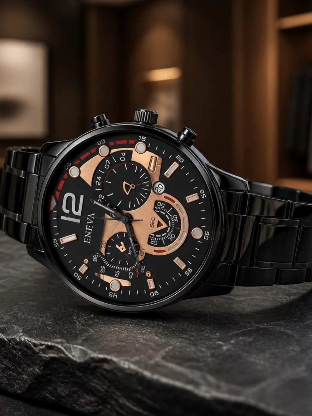 ENEVA Black and Rose Gold Chronograph Bracelet Watch